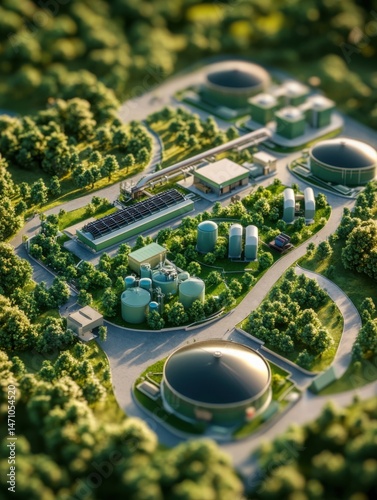Aerial view of a biogas plant in operation surrounded by green trees in a rural area using tilt-shift lens for miniature effect