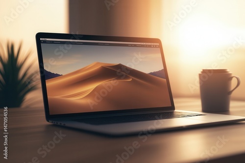 Laptop displaying a serene desert landscape at sunset, with a coffee cup nearby in a cozy setting