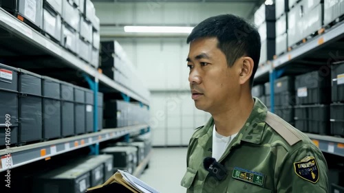 An Asian man stands in a military warehouse with a clipboard. The male soldier stands poised in the military warehouse, reviewing his clipboard for important tasks.