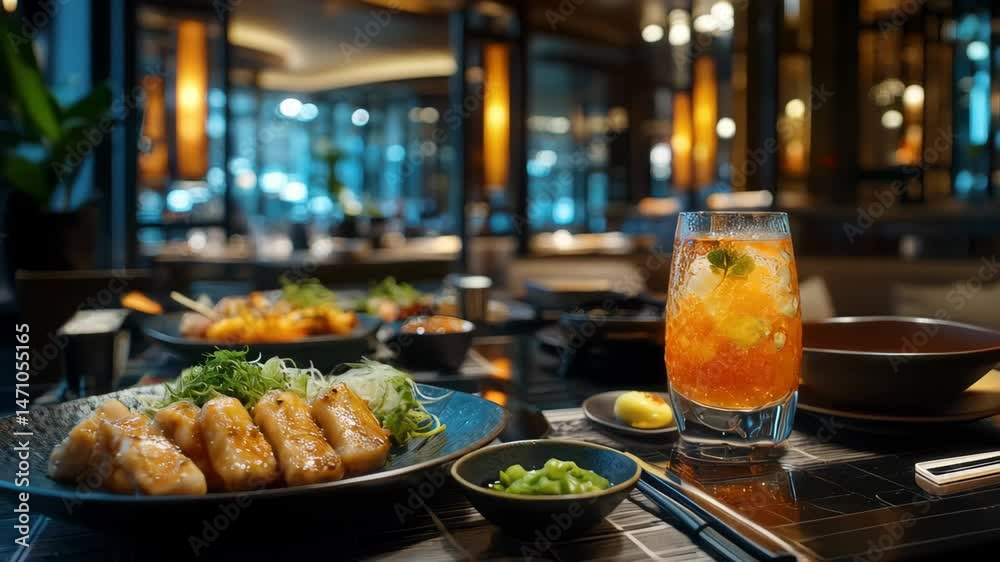 A beautifully arranged dining table featuring sushi, a vibrant drink, and elegant decor in a modern restaurant setting. A beautifully arranged dining table featuring sushi, a vibrant drink, and elegant decor in a modern restaurant setting.
