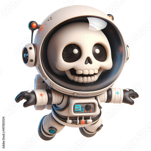 Cute 3d skeleton wearing space suit isolated on white background