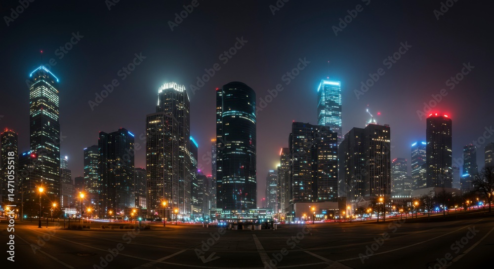 Naklejka premium Cityscape at night, illuminated skyscrapers