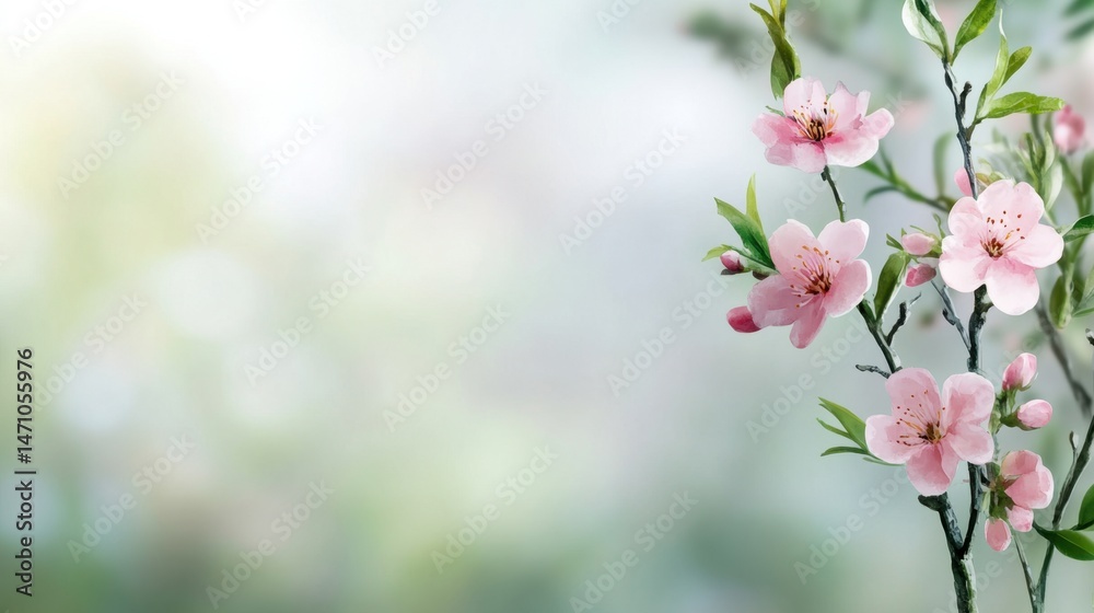 Obraz premium Delicate watercolor florals with pink blossoms and fresh green foliage on a dreamy spring background