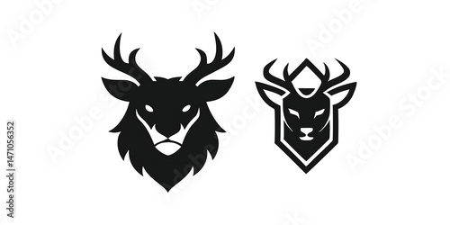 deer and lion head logo icon design of black silhouette vector illustration on white background 