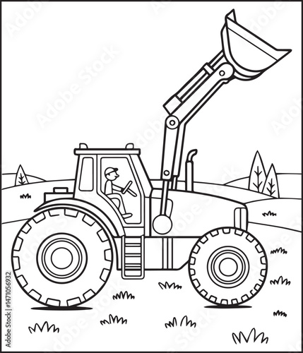 Construction vehicle tractor coloring page for kids, black line art vector illustration for children book design