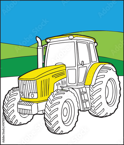 Construction vehicle tractor coloring page for kids, black line art vector illustration for children book design
