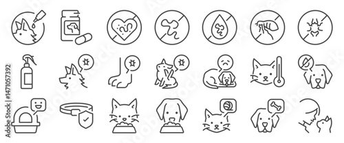 Pet product icon set. It includes care, vet, veterinary, health, disease and more icons. Editable Vector Stroke.
