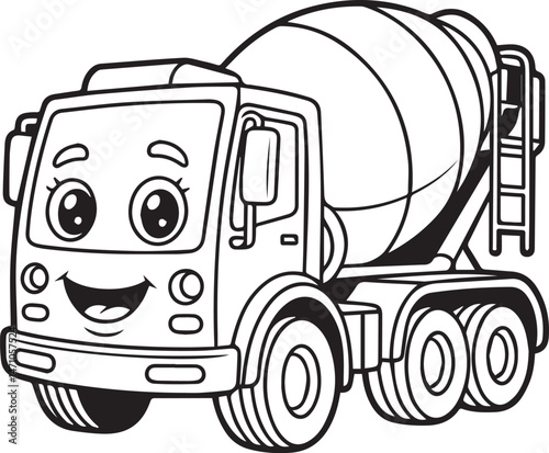 Construction vehicle concrete mixer coloring page for kids, black line art vector illustration for children book design