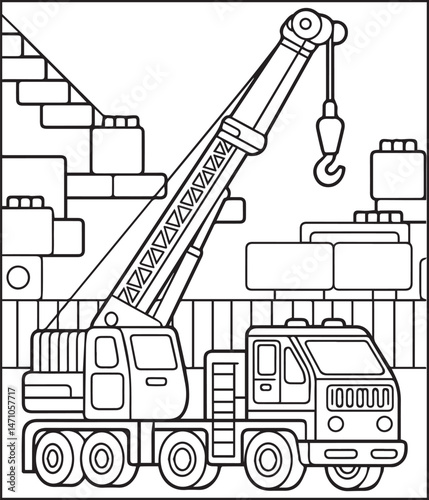 Construction vehicle crane truck coloring page for kids, black line art vector illustration for children book design