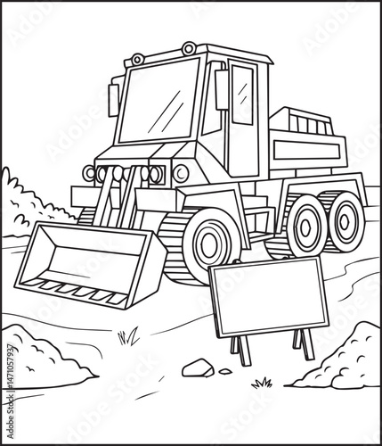 Construction vehicle tractor coloring page for kids, black line art vector illustration for children book design