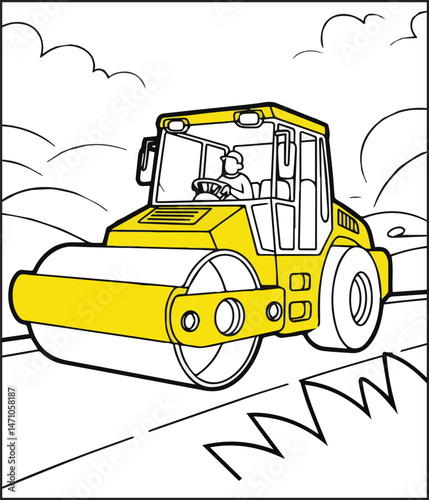 Construction vehicle road roller coloring page for kids, black line art vector illustration for children book design