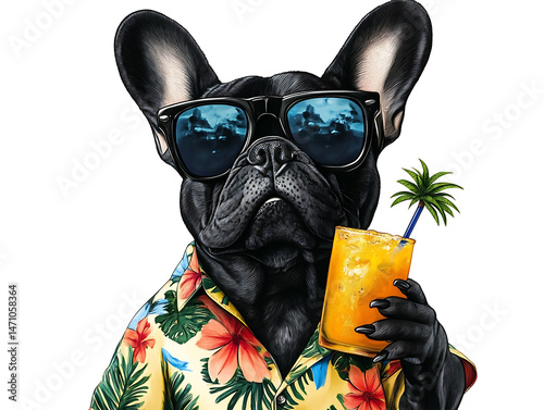 French bulldog in a Hawaiian shirt, sunglasses, holding a tropical drink. Transparent background.