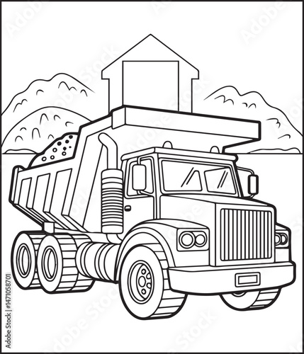 Construction vehicle dump truck coloring page for kids, black line art vector illustration for children book design