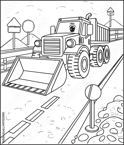 Construction vehicle tractor coloring page for kids, black line art vector illustration for children book design