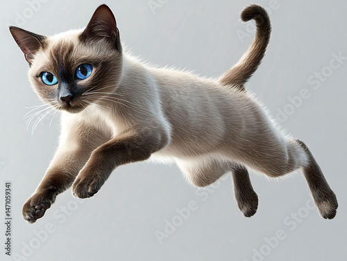 Siamese cat in jumping pose, expressive blue eyes and elegant body, with transparent background and realistic fur texture.