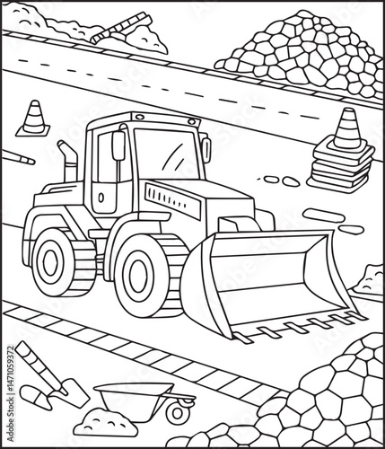Construction vehicle tractor coloring page for kids, black line art vector illustration for children book design