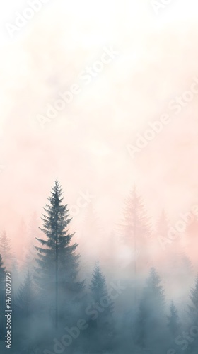 Bird Flying Past Single Pine Tree in Foggy Forest photo