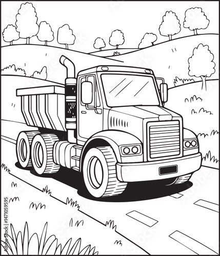 Construction vehicle dump truck coloring page for kids, black line art vector illustration for children book design
