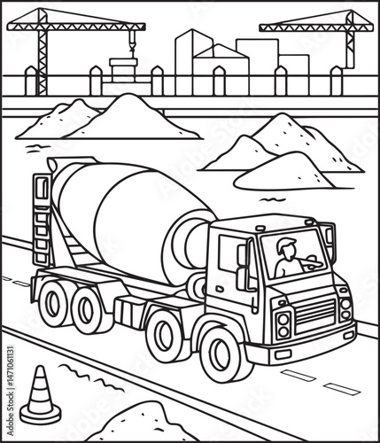 Construction vehicle concrete mixer coloring page for kids, black line art vector illustration for children book design