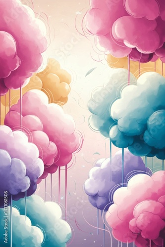 A colorful painting of clouds with a light blue background