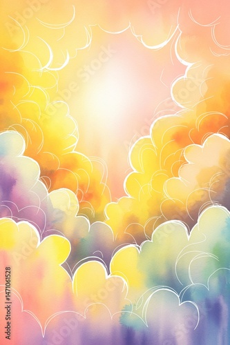 A painting of a sky with clouds and a sun