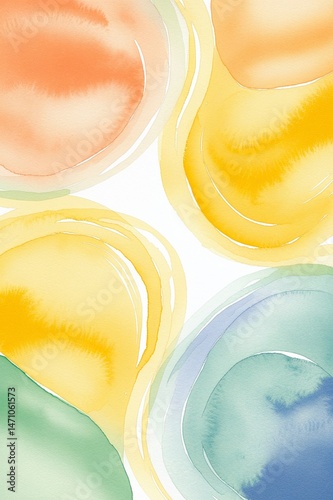 A colorful abstract painting with a yellow background