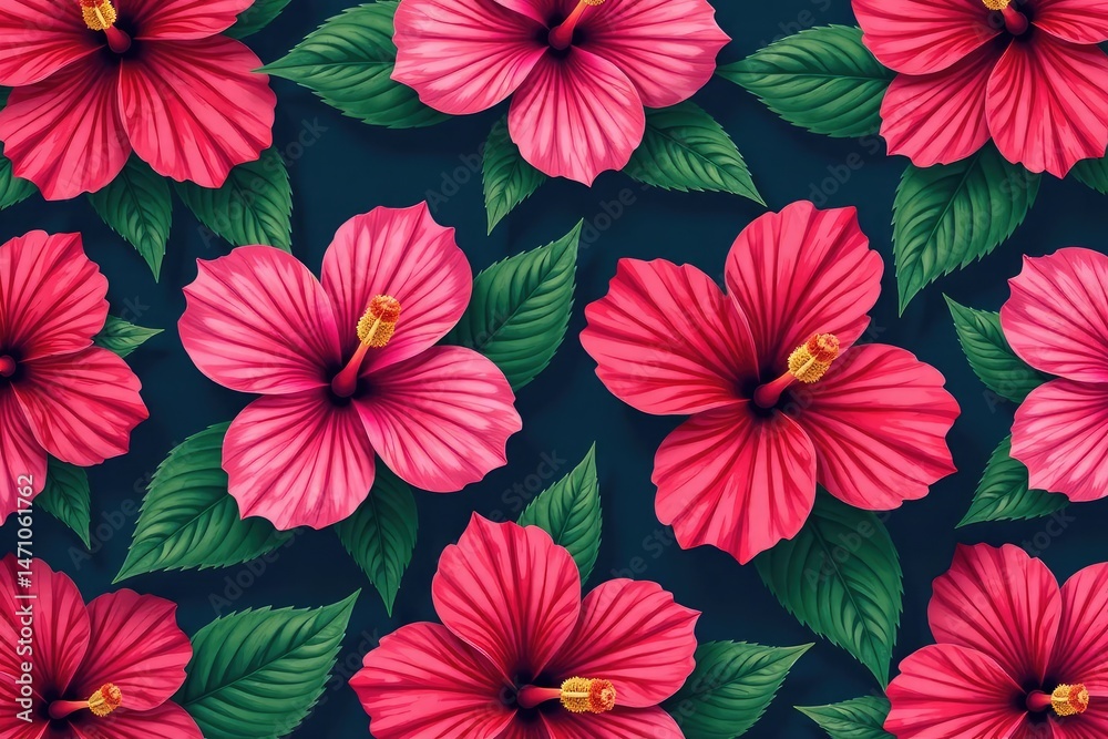 Bold hibiscus blooms, stylized repeating motif, bold, summer Bold hibiscus blooms, stylized repeating motif, bold, summer