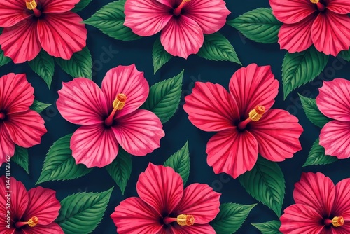 Bold hibiscus blooms, stylized repeating motif, bold, summer