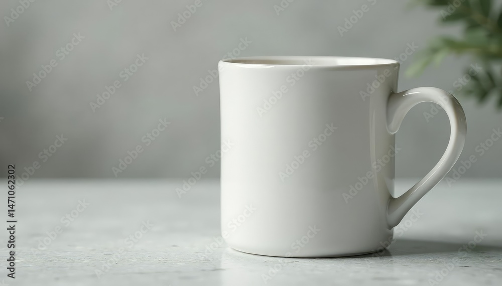 Fototapeta premium Classic white ceramic mug, handle detail visible , surface, crockery, image