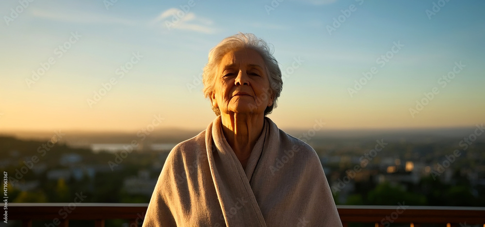 Senior Woman Practicing Deep Breathing at Sunrise on Balcony with Warm Sunlight