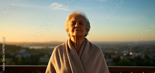 Obraz na płótnie Senior Woman Practicing Deep Breathing at Sunrise on Balcony with Warm Sunlight w salonie