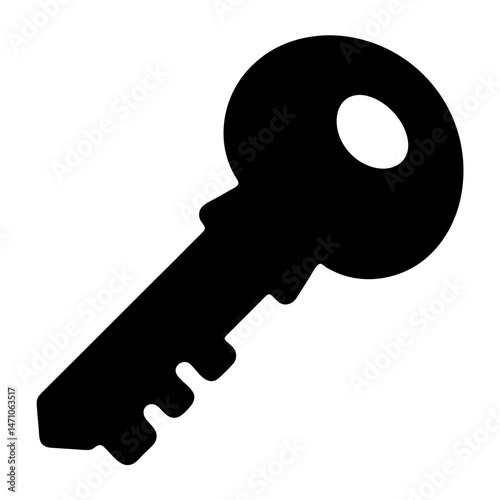 Simple black key silhouette for door lock and security, isolated vector