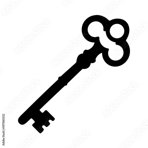 Antique Ornate Black Key Silhouette Isolated on White Background Full View