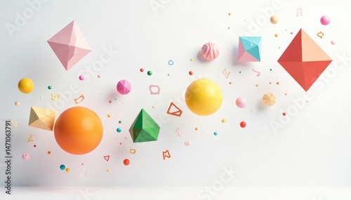 Floating colorful geometric shapes on pure white backdrop, color, polygons