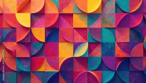Geometric shapes in vibrant hues create a dynamic repeat , backdrop, illustration
