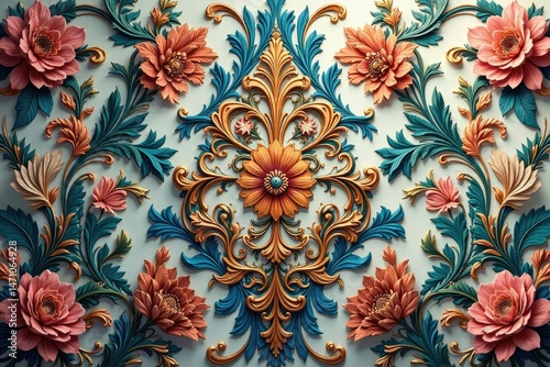 Intricate floral damask design, elegant and ornate, subtle shading, repeat, traditional, luxury