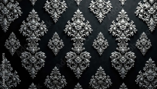 Intricate floral damask pattern in elegant silver on black background, vintage, graphic, silver