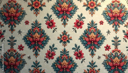 Intricate floral damask pattern in muted tones, cream, muted