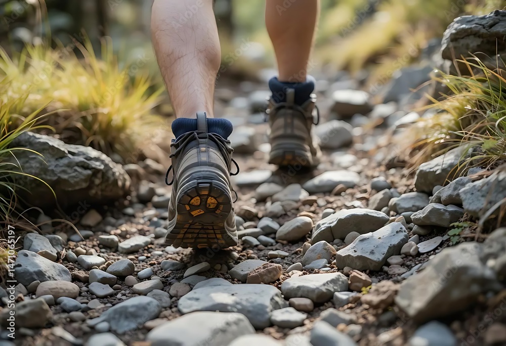 Obraz premium Hiking Boots Walking on Rocky Trail in Nature