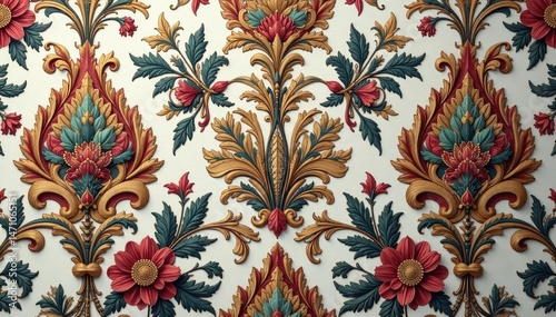 Intricate floral damask, rich detailing, soft color palette , decorative, image, graphics
