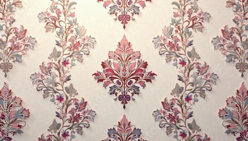 Intricate floral damask wallpaper in soft hues, surface, classic