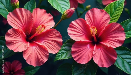 Intricate hibiscus blooms, vibrant colors, tropical leaf accents, bright, beauty, wallpaper