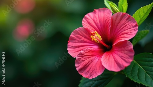 Intricate hibiscus blossoms, vibrant petals, lush green leaves , repeating, leaves
