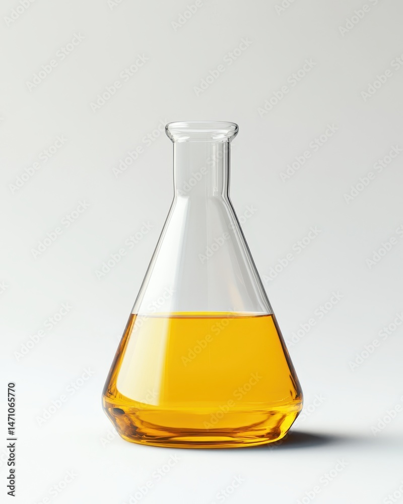 Clear glass conical flask, filled with a  golden liquid, isolated on a plain background
