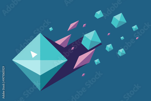 Teal gemstone explodes scattering vibrant fragments across a deep blue backdrop Geometric shapes and