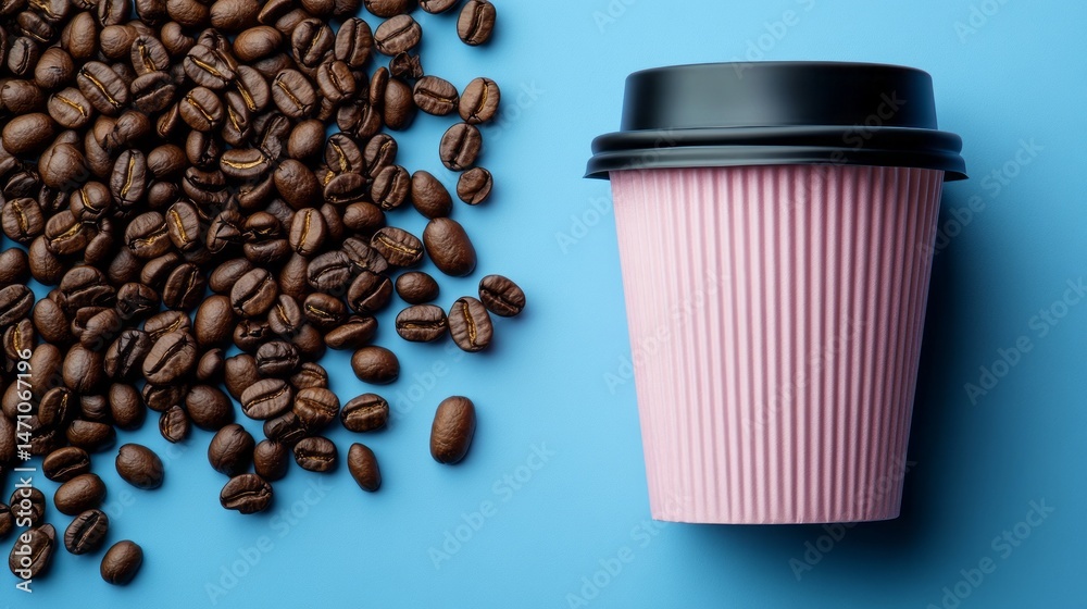 Pink disposable coffee cup beside roasted coffee beans. Pink disposable coffee cup beside roasted coffee beans.