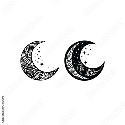 Two crescent moons with intricate patterns and stars on a white background art