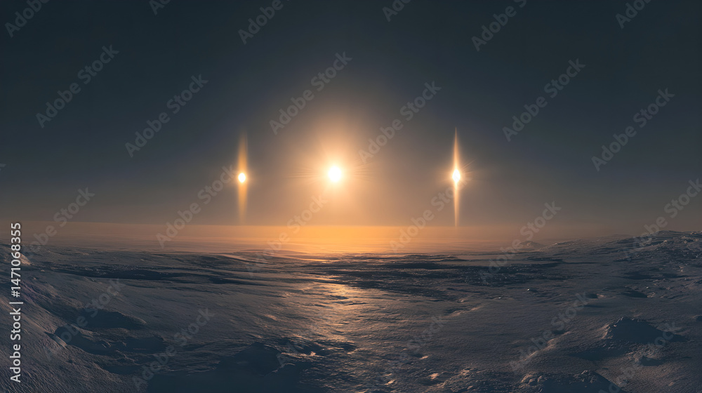 Obraz premium Mesmerizing Arctic Sundog Phenomenon Over Snowy Landscape at Sunset