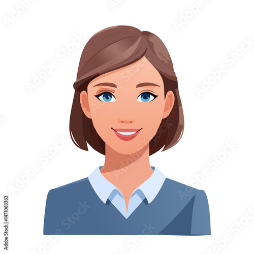 Flat Vector. Portrait of only one Woman. Simple Background.