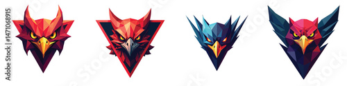 Cute Cut Out Set Low-poly triangular lightning hawk head in a vector isolated on transparent or white background, best for logo design, print, sticker or clipart.